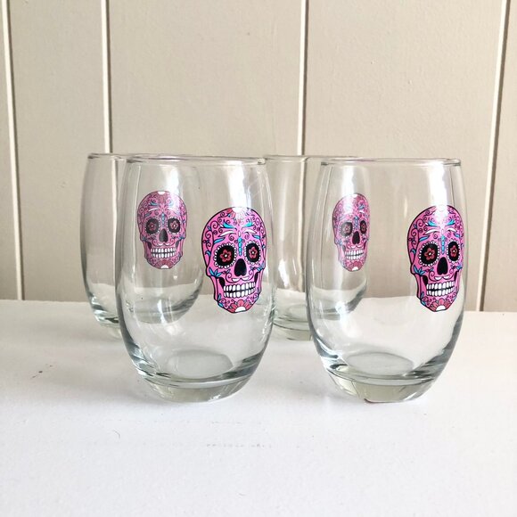 Cristar Pink Sugar Skull Stemless Wine Glasses Set of 2 Day of The Dead - Picture 3 of 4